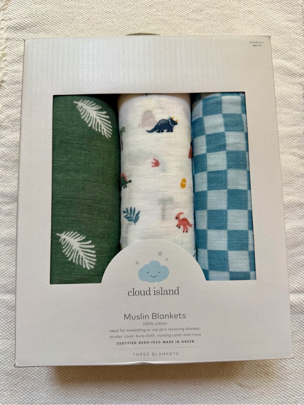 NWT Cloud Island Baby Kids Muslin Blanket Set Cotton Dinosaur Green Blue Boy